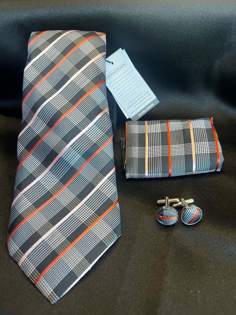 Classic Black & Orange Plaid Tie Set with Pocket Square and Cufflinks